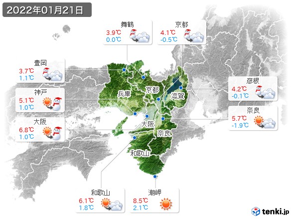 近畿地方(2022年01月21日の天気