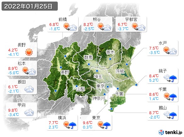 関東・甲信地方(2022年01月25日の天気