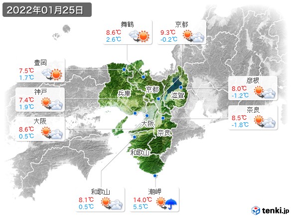 近畿地方(2022年01月25日の天気