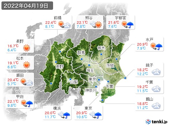 関東・甲信地方(2022年04月19日の天気