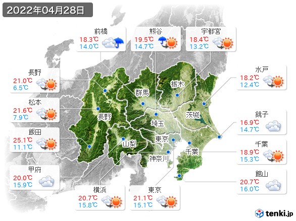 関東・甲信地方(2022年04月28日の天気