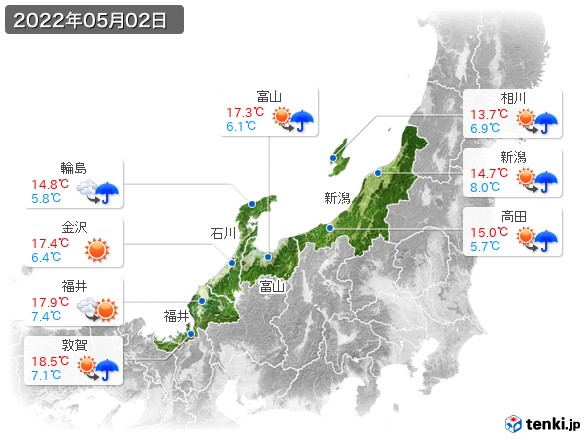 北陸地方(2022年05月02日の天気