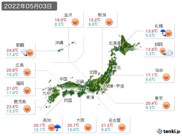 過去の天気 実況天気 22年05月03日 日本気象協会 Tenki Jp
