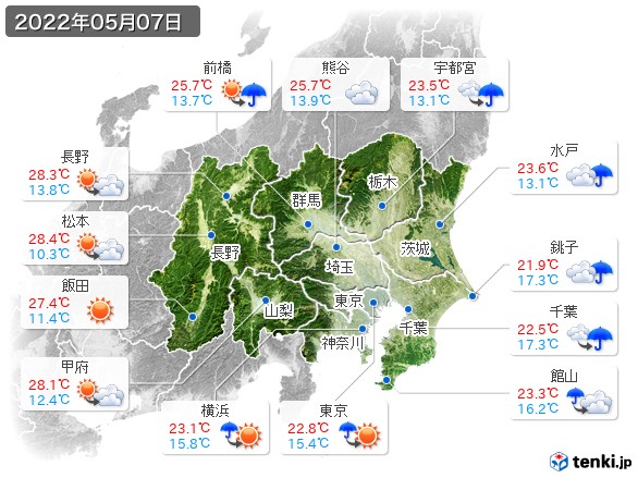 関東・甲信地方(2022年05月07日の天気