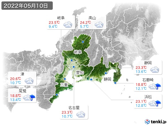 東海地方(2022年05月10日の天気