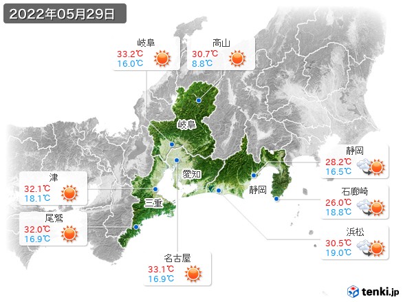 東海地方(2022年05月29日の天気
