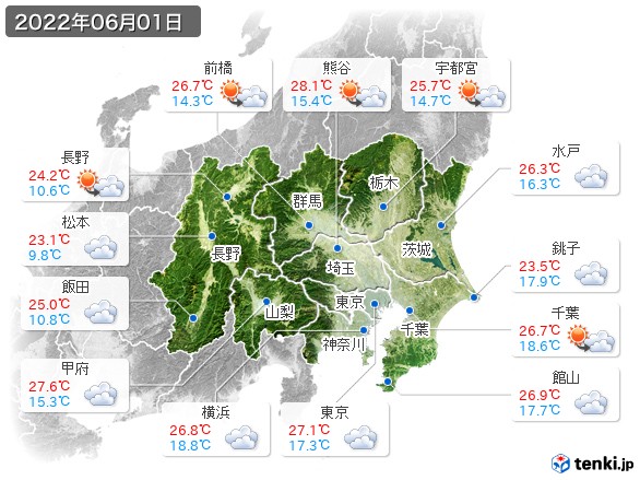 関東・甲信地方(2022年06月01日の天気