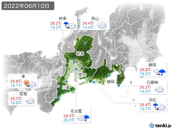 東海地方(2022年06月10日の天気