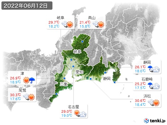 東海地方(2022年06月12日の天気