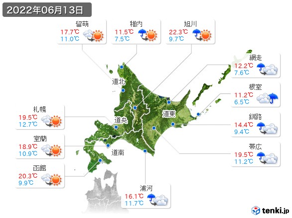 北海道地方(2022年06月13日の天気