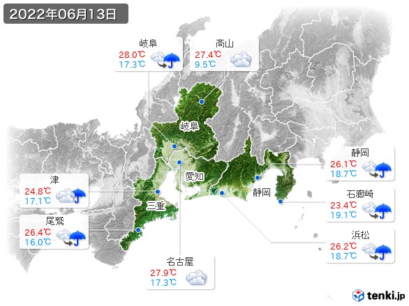 東海地方(2022年06月13日の天気