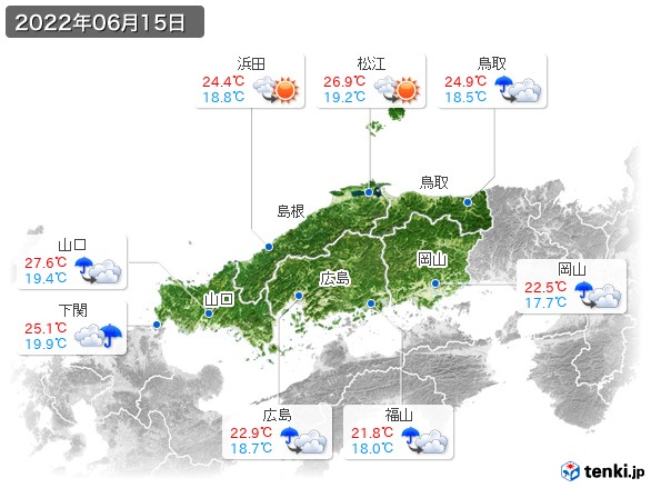 中国地方(2022年06月15日の天気