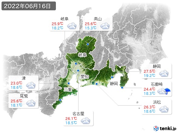 東海地方(2022年06月16日の天気