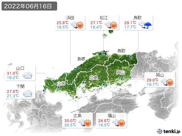 中国地方(2022年06月16日の天気