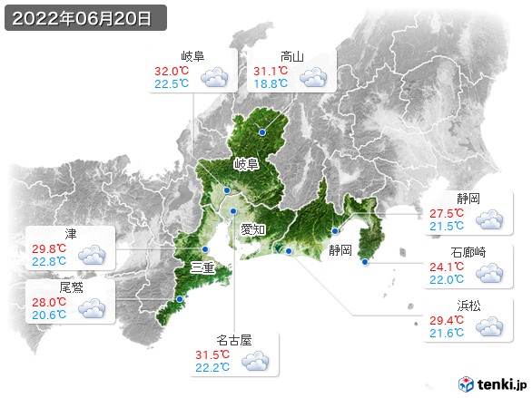 東海地方(2022年06月20日の天気