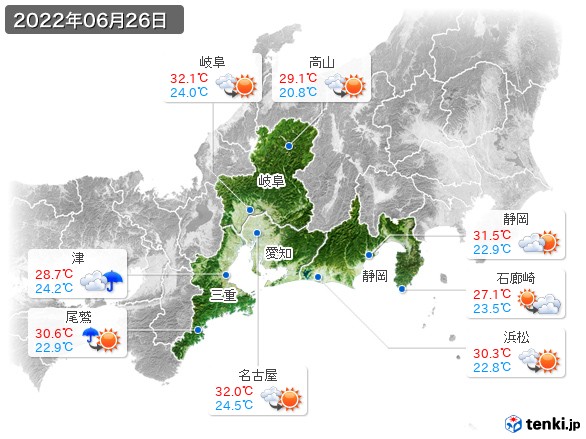 東海地方(2022年06月26日の天気