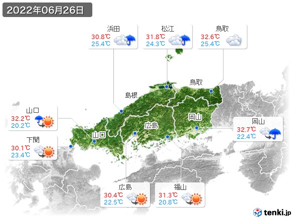 中国地方(2022年06月26日の天気
