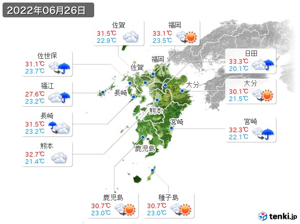 九州地方(2022年06月26日の天気