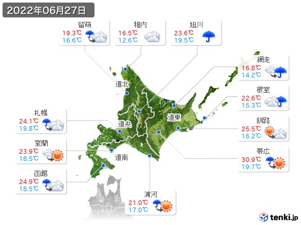 北海道地方(2022年06月27日の天気