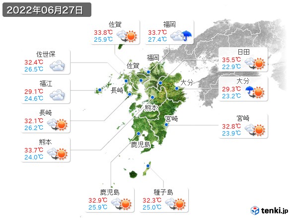 九州地方(2022年06月27日の天気
