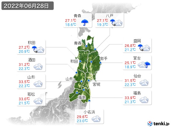 東北地方(2022年06月28日の天気