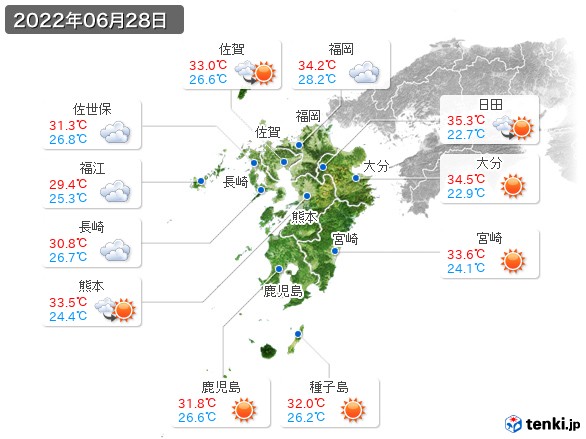 九州地方(2022年06月28日の天気