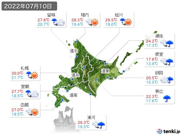 北海道地方(2022年07月10日の天気
