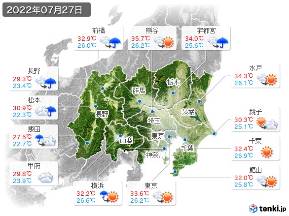 関東・甲信地方(2022年07月27日の天気