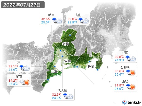 東海地方(2022年07月27日の天気