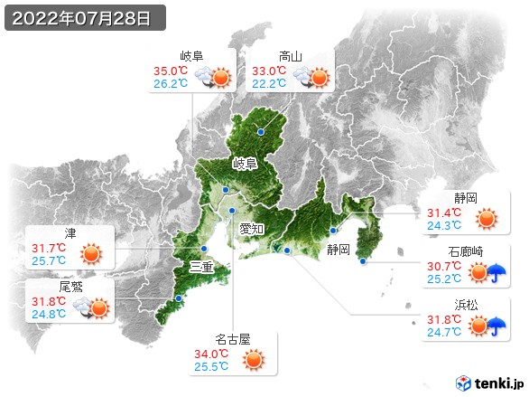 東海地方(2022年07月28日の天気