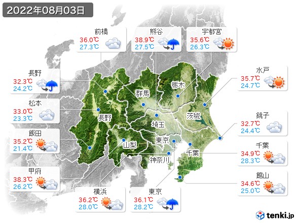 関東・甲信地方(2022年08月03日の天気