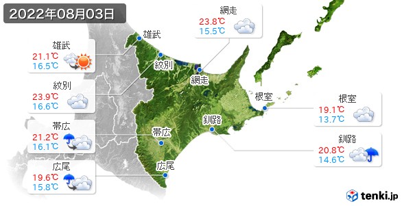 道東(2022年08月03日の天気