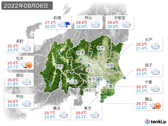 関東・甲信地方(2022年08月06日の天気