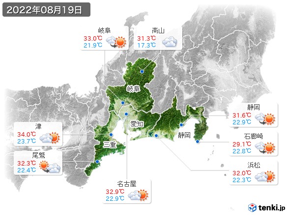 東海地方(2022年08月19日の天気