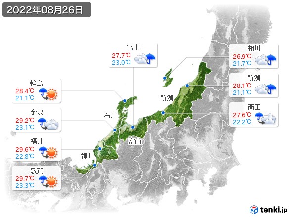 北陸地方(2022年08月26日の天気