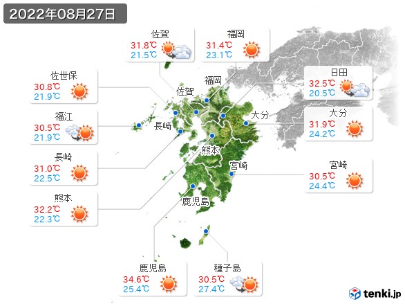 九州地方(2022年08月27日の天気