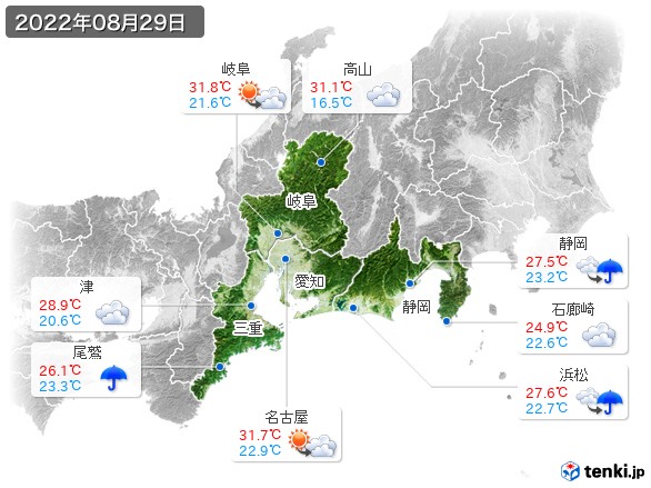東海地方(2022年08月29日の天気