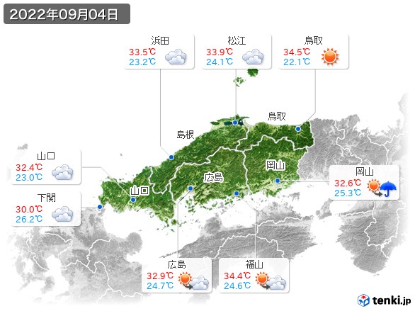 中国地方(2022年09月04日の天気