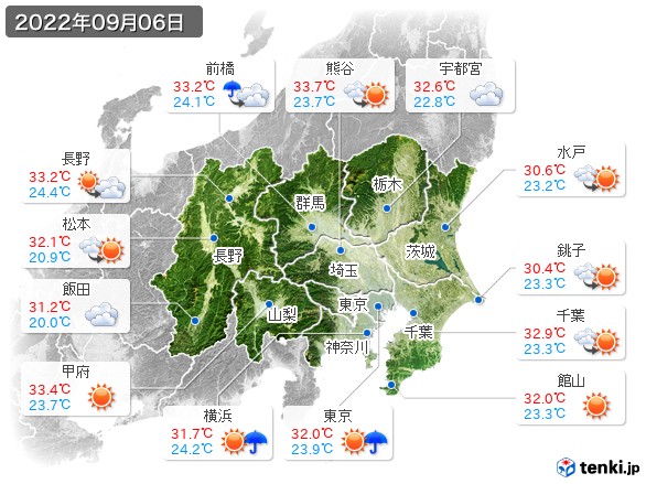 関東・甲信地方(2022年09月06日の天気