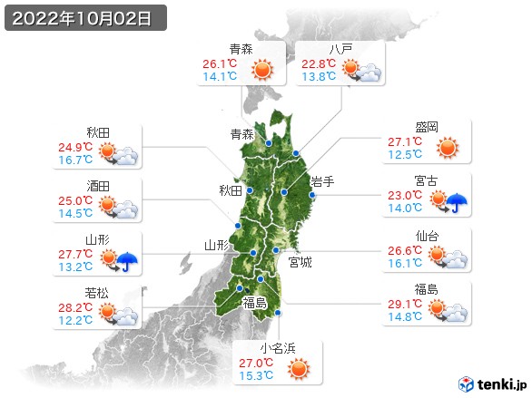 東北地方(2022年10月02日の天気