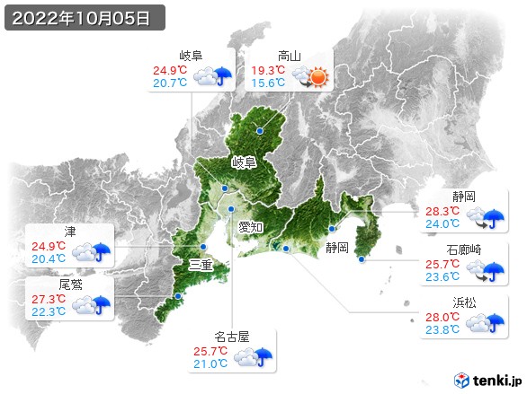 東海地方(2022年10月05日の天気