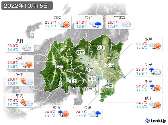 関東・甲信地方(2022年10月15日の天気