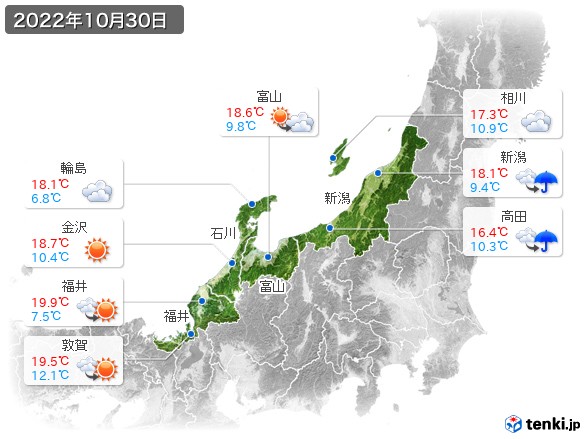 北陸地方(2022年10月30日の天気