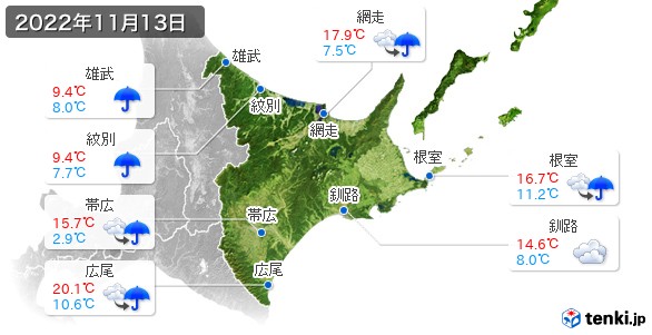 道東(2022年11月13日の天気