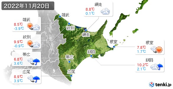 道東(2022年11月20日の天気