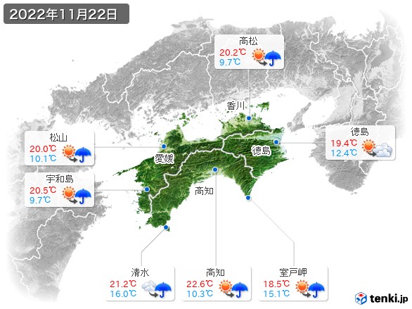 四国地方(2022年11月22日の天気
