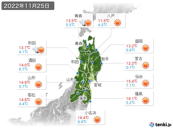 東北地方(2022年11月25日の天気