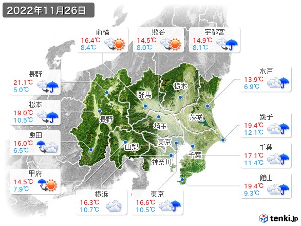 関東・甲信地方(2022年11月26日の天気