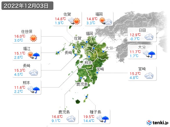 九州地方(2022年12月03日の天気