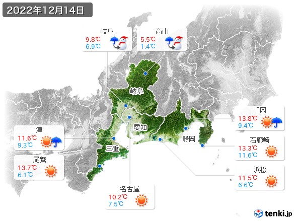 東海地方(2022年12月14日の天気